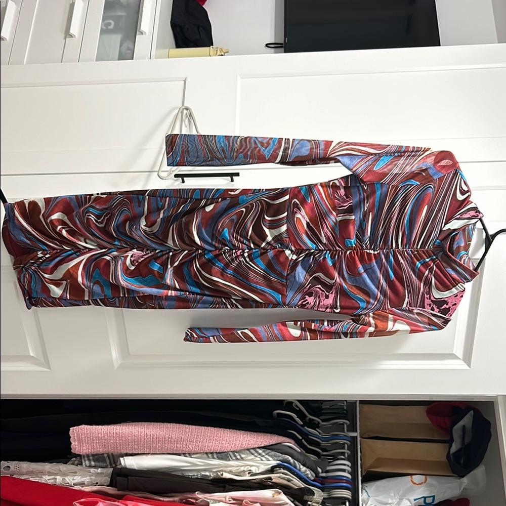 AKIRA Red and Blue Bodycon Mock Neck Dress
